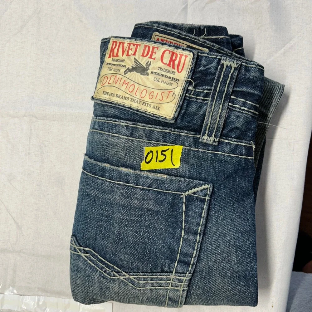Rivet De Cru Andrew Mens wide leg Blue Jeans Thick Stitch 36x34 Faded